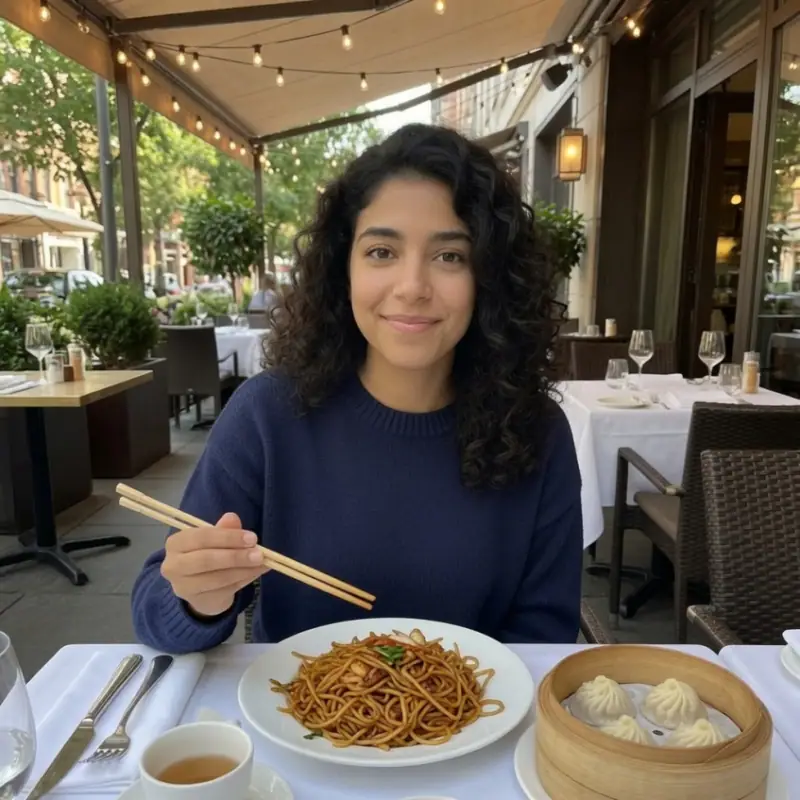 Maya Carter dining, chopsticks in hand