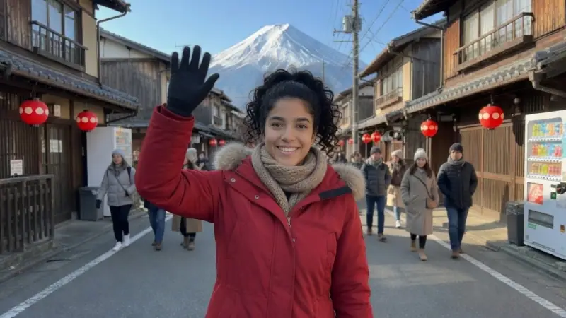 Maya Carter waving on a Japanese street, Mount Fuji in the distance